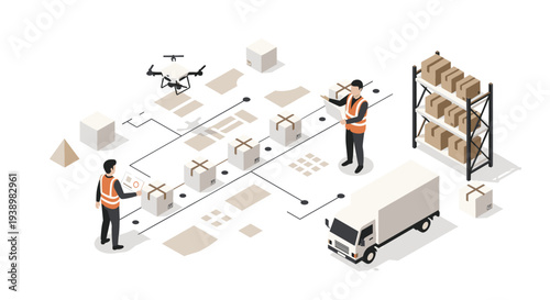 Warehouse workers manage a logistics and delivery system with a drone, conveyor belt, and truck in a modern isometric illustration.