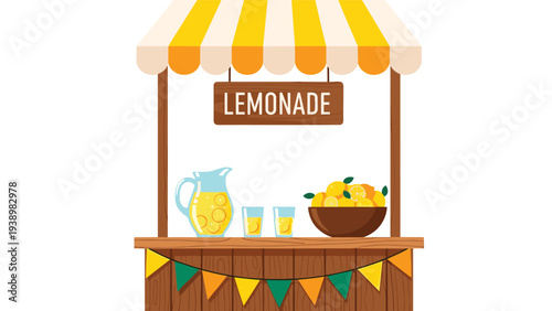 Charming illustration of a wooden lemonade stand with a yellow striped awning, a pitcher, glasses, and a bowl of lemons.