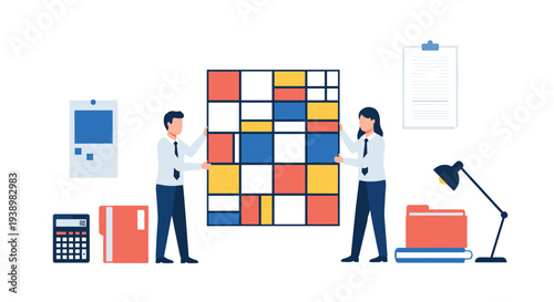 Two business colleagues in formal attire collaborate to hang a large, colorful geometric abstract painting in a minimalist office space surrounded by work supplies.