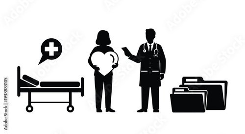 A collection of black medical silhouette icons including a gurney, a patient, a doctor, and file folders on a white background.