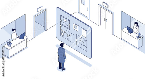 An isometric illustration of a medical professional viewing a digital floor plan on a transparent screen in a modern hospital lobby.