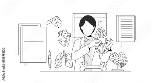 A black and white line drawing of a medical professional presenting anatomical models of human organs like the heart, lungs, and brain.