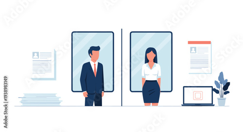 A man and woman in business attire look at their reflections in separate mirrors in an office, illustrating a corporate concept.