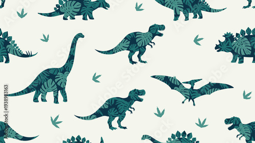 Dinosaur silhouettes seamless pattern with tropical leaf textures in shades of dark green on a light cream background.
