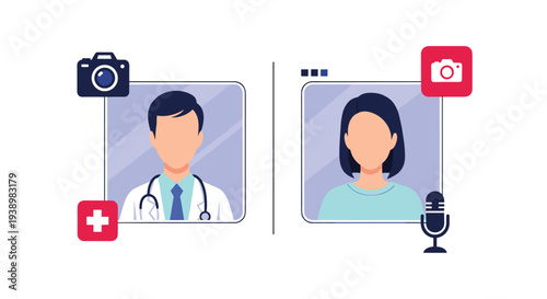 A split-screen video call interface shows a doctor and a patient with camera and microphone icons for a telemedicine consultation.