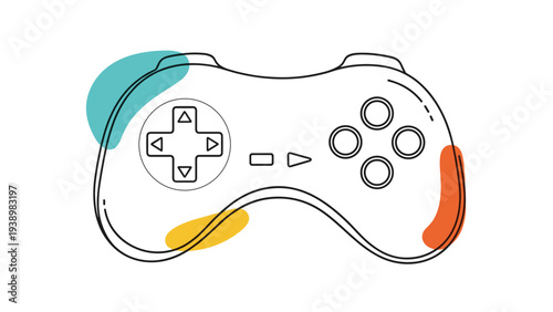 Modern video game controller line art with colorful abstract shapes in the background perfect for gaming concepts.