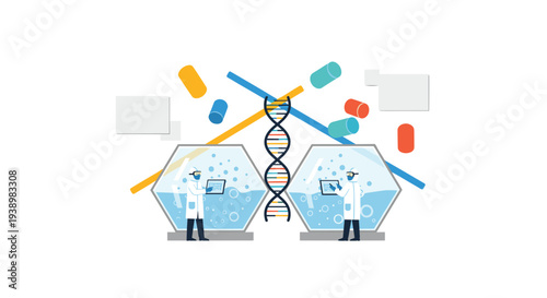 Two scientists in hexagonal lab chambers conduct research on a central DNA helix, surrounded by floating pills and capsules in a flat vector illustration.