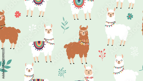 Cute llamas and alpacas seamless pattern featuring colorful blankets and flower wreaths on a soft green background.