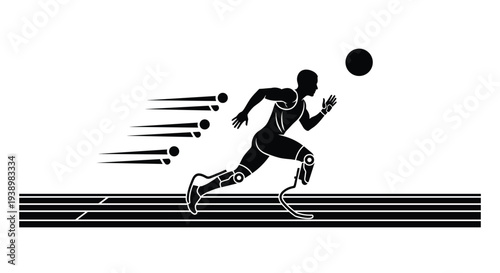 A black silhouette of a para-athlete with prosthetic legs running at high speed on a track, reaching for a ball, isolated on a white background.