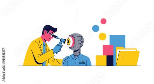 A cartoon doctor examines a robot's eye with a medical instrument, with data folders and charts visible in the background of the illustration.