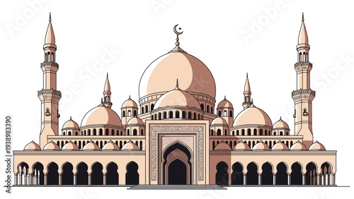 Grand mosque architecture illustration with many domes and tall minarets perfect for islamic holidays and events.