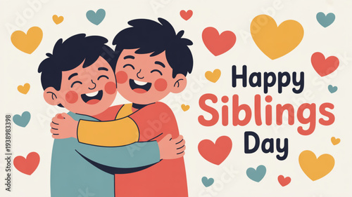Happy siblings day illustration of two cartoon boys hugging surrounded by colorful hearts on a light background symbolizing brotherly love and affection