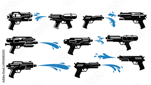 Set of diverse water gun silhouettes spraying blue water for fun summer activities and outdoor garden games.