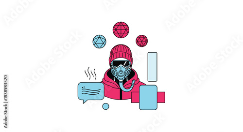A character wearing a pink hoodie, red beanie, goggles, and a respirator mask is surrounded by abstract geometric shapes and a speech bubble.