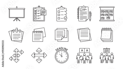 Business documentation and project management icon set illustrating workflow processes, reporting systems and organizational planning