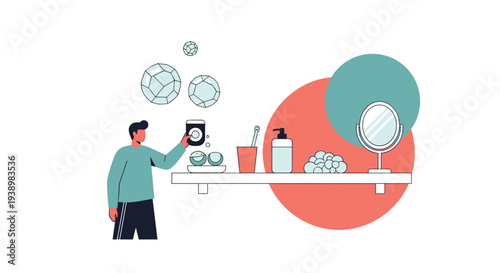 A man in a teal sweater uses his smartphone in a bathroom, standing before a shelf with a mirror, soap dispenser, and other toiletries.