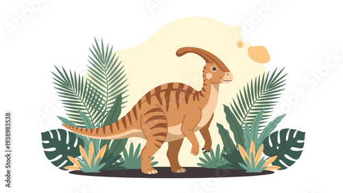 Parasaurolophus dinosaur standing among tropical plants and palm leaves in a prehistoric landscape illustration.
