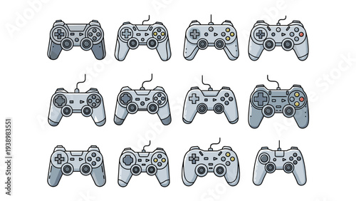 Collection of twelve video game controllers in various styles and generations for gaming and home entertainment.