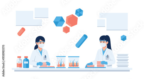 Two female scientists in lab coats and protective gear conduct research on skin samples at a laboratory bench under floating molecular shapes.