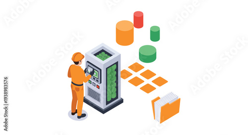 An engineer in an orange uniform and hard hat manages a server rack as data flows to a folder in a modern isometric illustration.