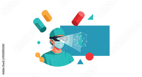 A surgeon wearing an augmented reality headset interacts with a holographic 3D model in a futuristic medical technology concept illustration.