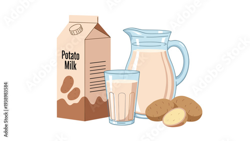 Healthy alternative potato milk presented in a cardboard carton, a glass, and a glass pitcher, surrounded by fresh whole potatoes.