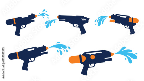 Collection of different water gun designs in blue and orange colors, splashing water against a clean white background for summer fun.