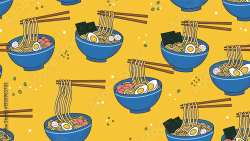 Delicious ramen noodle bowls with eggs, nori, and narutomaki fish cakes in a seamless repeating pattern on a vibrant yellow background.