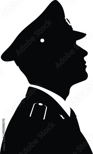 Black silhouette of a military officer in uniform and peaked cap, side profile of a soldier for patriotic veteran memorial vector design.