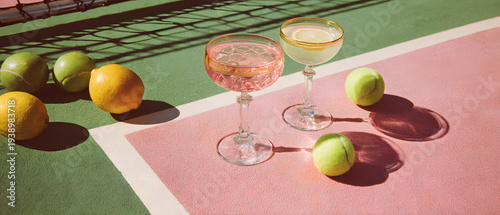 Retro style tennis court in pink and green with cocktails on a summer day lifestyle flat lay