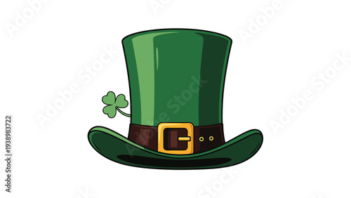Classic green leprechaun hat with a black belt, golden buckle, and a three-leaf clover, perfect for celebrating Saint Patricks Day holiday.