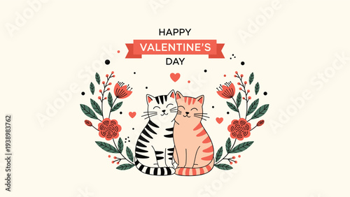 Romantic happy valentines day greeting featuring two cute cats cuddling inside a floral wreath with hearts and a red banner on a cream base.