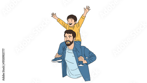 Father carrying his happy young son on his shoulders, both smiling with excitement and arms raised, celebrating a joyful family moment together.