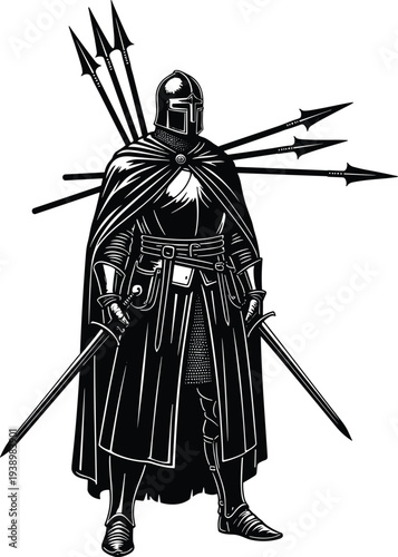 Powerful medieval knight warrior silhouette, historical armored crusader with swords and spears, isolated fantasy soldier icon, ancient army protector vector art.