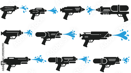 Set of nine different water gun silhouettes in black with blue water splashes, showing various shapes and sizes of squirt gun toys.