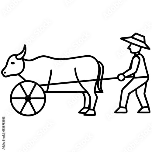 Farmer driving traditional bullock cart in rural countryside field