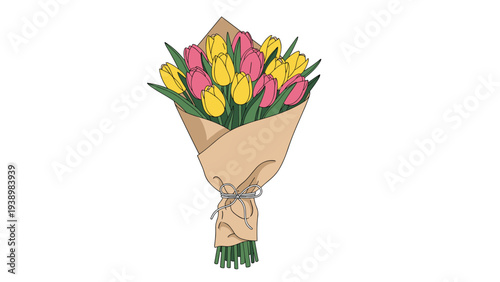 Beautiful bouquet of pink and yellow tulips wrapped in brown kraft paper with a simple twine bow, isolated on a clean white background.