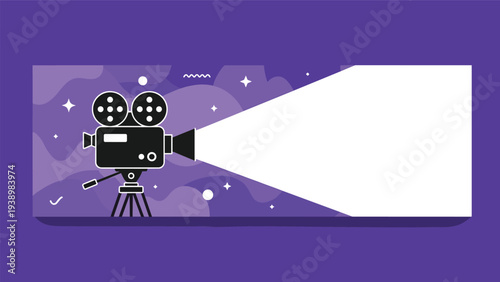 Vintage movie camera on a tripod projecting a wide beam of light, set against a purple background with abstract shapes and stars for titles.