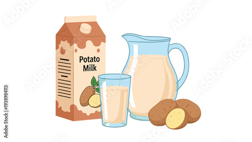 Vegan potato milk products displayed with a carton, a pitcher, a glass of milk, and whole potatoes to highlight a dairy-free alternative.