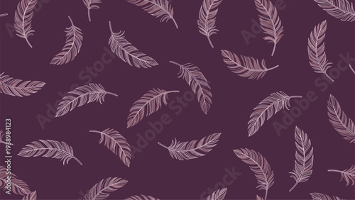 Elegant seamless pattern of white line art feathers floating on a deep purple or maroon background, creating a sophisticated textured look.