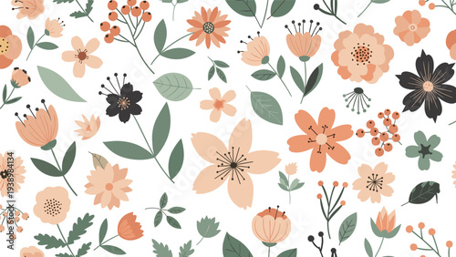 Colorful seamless floral pattern featuring various hand drawn flowers and leaves in warm earth tones for textiles, wallpapers and backgrounds.
