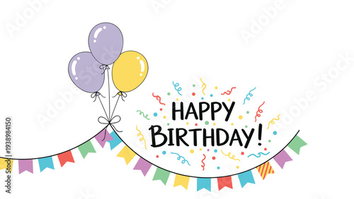 Festive birthday greeting card featuring three colorful balloons, a decorative bunting garland, and celebratory confetti on a clean white background.