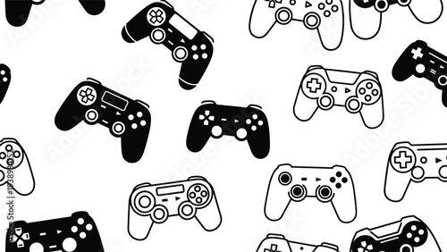 Seamless pattern featuring various gaming controllers and joysticks in black and white outline style for gamers, video games and technology themes.