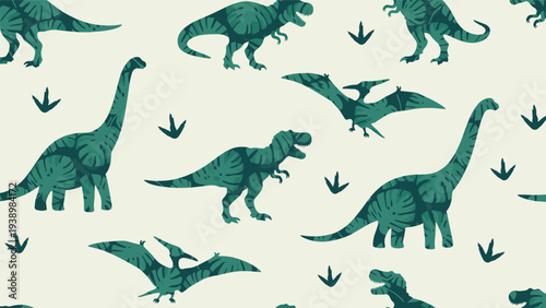 Playful seamless pattern with different types of green dinosaurs and footprints on a light background for nursery decor, children and kids themes.