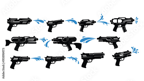 Collection of various water gun silhouettes spraying blue water splashes for summer fun, pool parties, and outdoor activities on a white background.