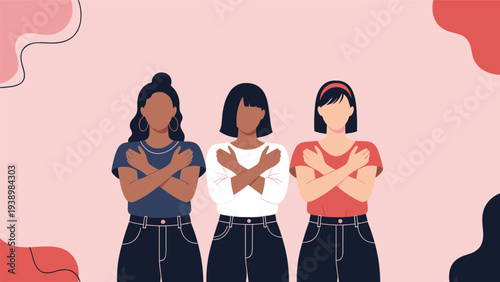Three diverse women of different ethnicities crossing their arms to show solidarity and break the bias for International Womens Day celebrations.