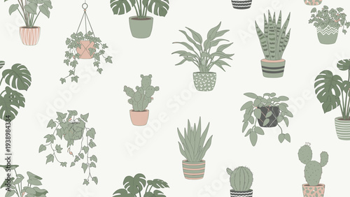 Charming seamless pattern of various indoor potted plants including monstera, cactus, and succulents in different stylish ceramic pots.