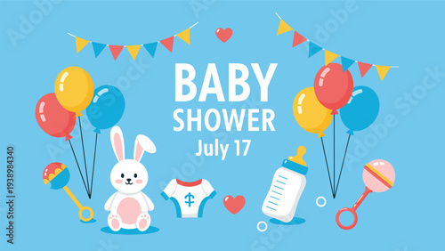 Adorable baby shower invitation for July 17 featuring a white bunny, colorful balloons, baby toys, and festive decorations on a blue background.