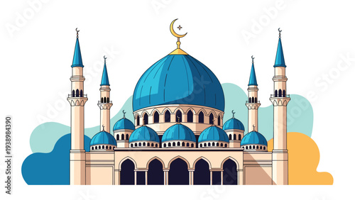 Magnificent grand mosque illustration with multiple blue domes and tall minarets under a bright sky for islamic architecture and culture.