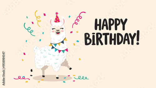 Fun and colorful birthday card featuring a cute white llama wearing a party hat and a festive garland with confetti and streamers.